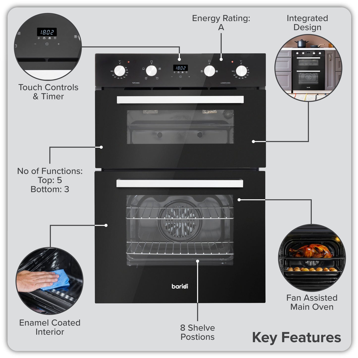Baridi 72cm Under-Counter Double Oven, 74L Capacity, Energy Rating A, 8 Shelf Positions, Black Glass – DH278