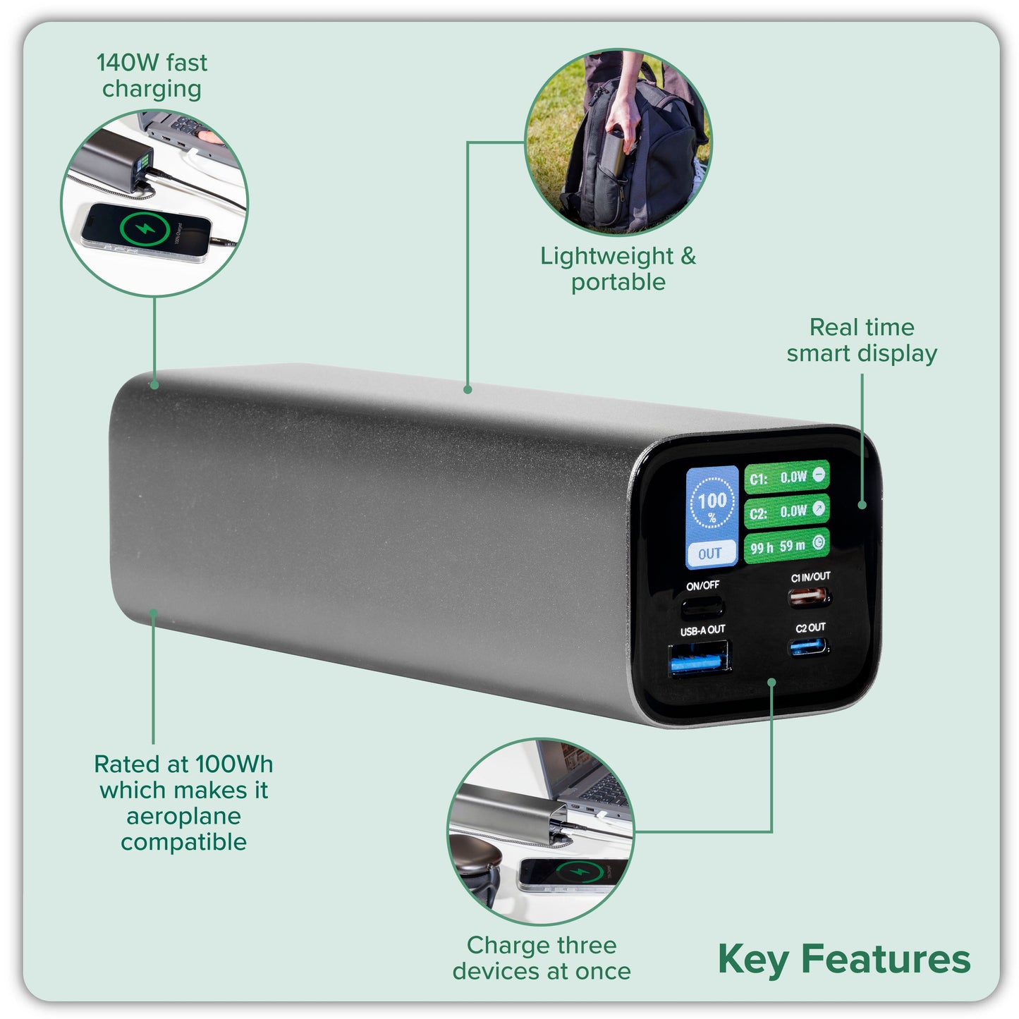 140W Power Bank, 27000mAh, 3-Port Portable Charger, Smart Digital Display - DL168