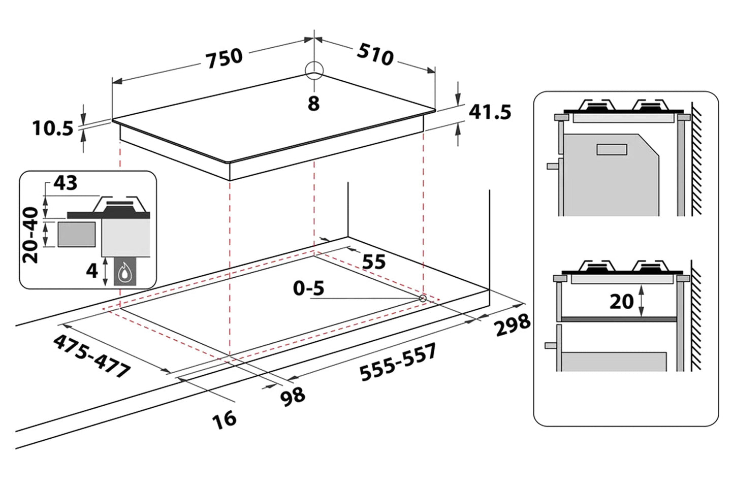 Hotpoint 75cm Built-in Gas Hob | FTGHG751D/H(BK) | Black