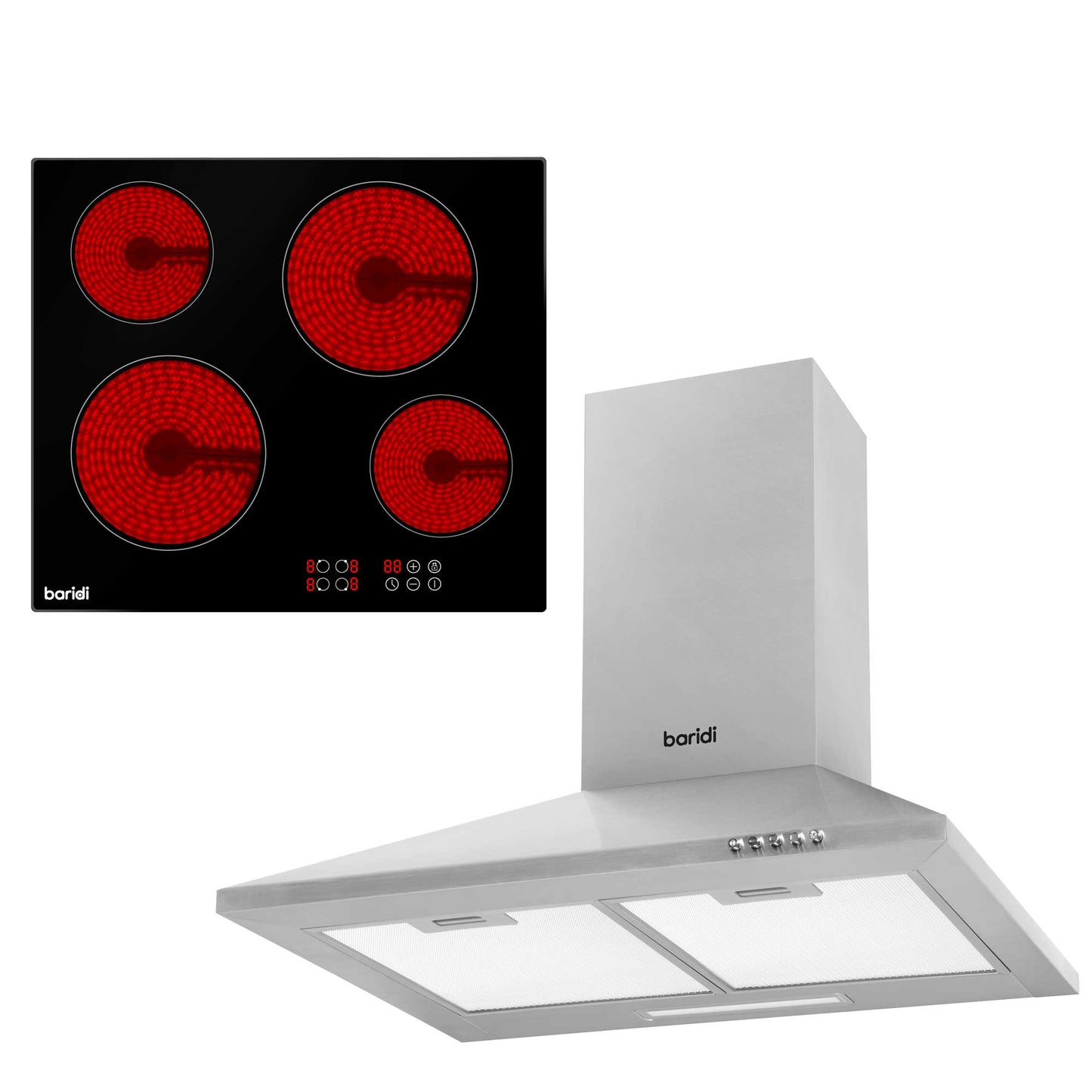 Baridi 4 Zone Ceramic Hob & Chimney Style Cooker Hood Bundle - DH181
