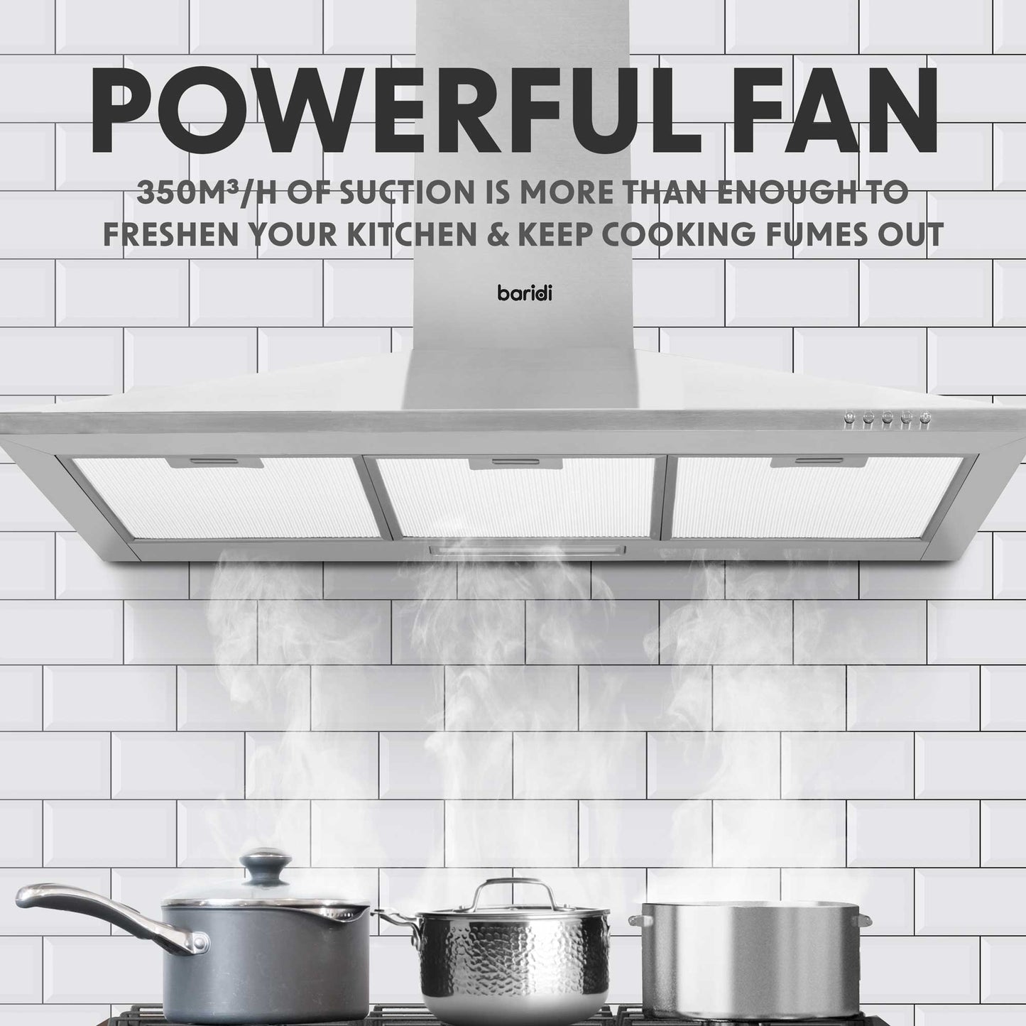 Baridi 90cm Chimney Style Cooker Hood with Carbon Filters, Stainless Steel - DH127