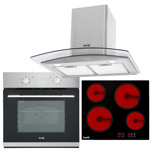 Baridi 4 Zone Ceramic Hob, 5 Function Fan-Assisted Oven & Curved Glass Cooker Hood Bundle - DH187