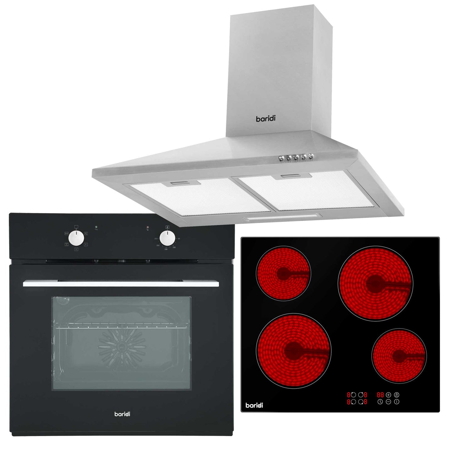 Baridi 4 Zone Ceramic Hob, 5 Function Fan-Assisted Oven & Chimney Style Cooker Hood Bundle - DH185