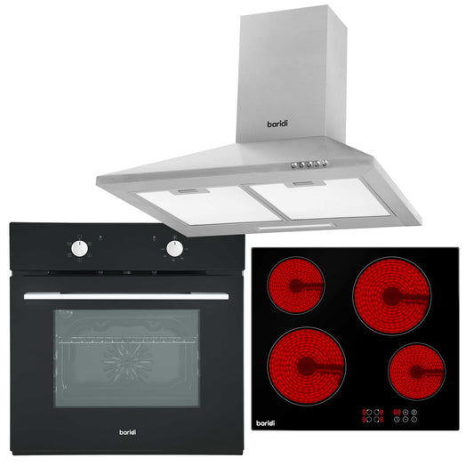 Baridi 4 Zone Ceramic Hob, 5 Function Fan-Assisted Oven & Chimney Style Cooker Hood Bundle - DH185