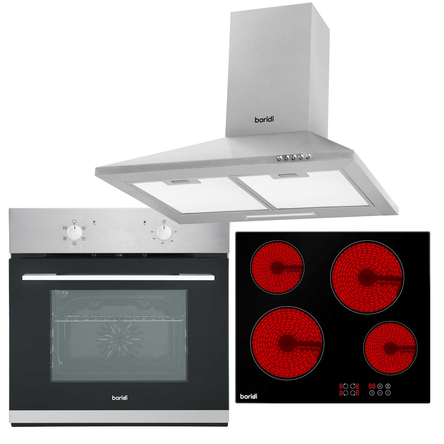 Baridi Ceramic Hob with 4 Zones, Fan-Assisted Electric Oven & Cooker Hood - DH188