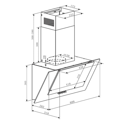 Baridi 60cm Angled Chimney Cooker Hood with Carbon Filters, LED Lamp, Black Glass - DH129