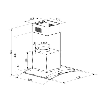 Baridi 60cm Curved Glass Cooker Hood with Carbon Filters, LED Lights, Stainless Steel - DH128