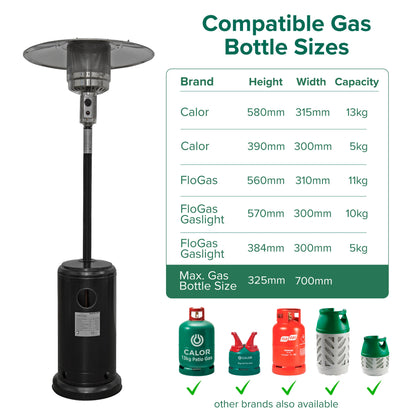 Freestanding Gas Patio Heater 13kW with Wheels & Cover for Commercial & Domestic Use, Black - DG220