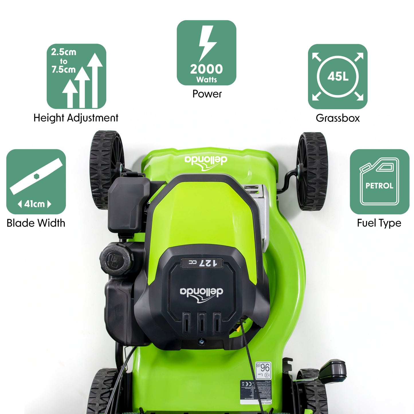 127cc 16"/41cm Hand-Propelled Petrol Lawnmower, 4-Stroke - DG100