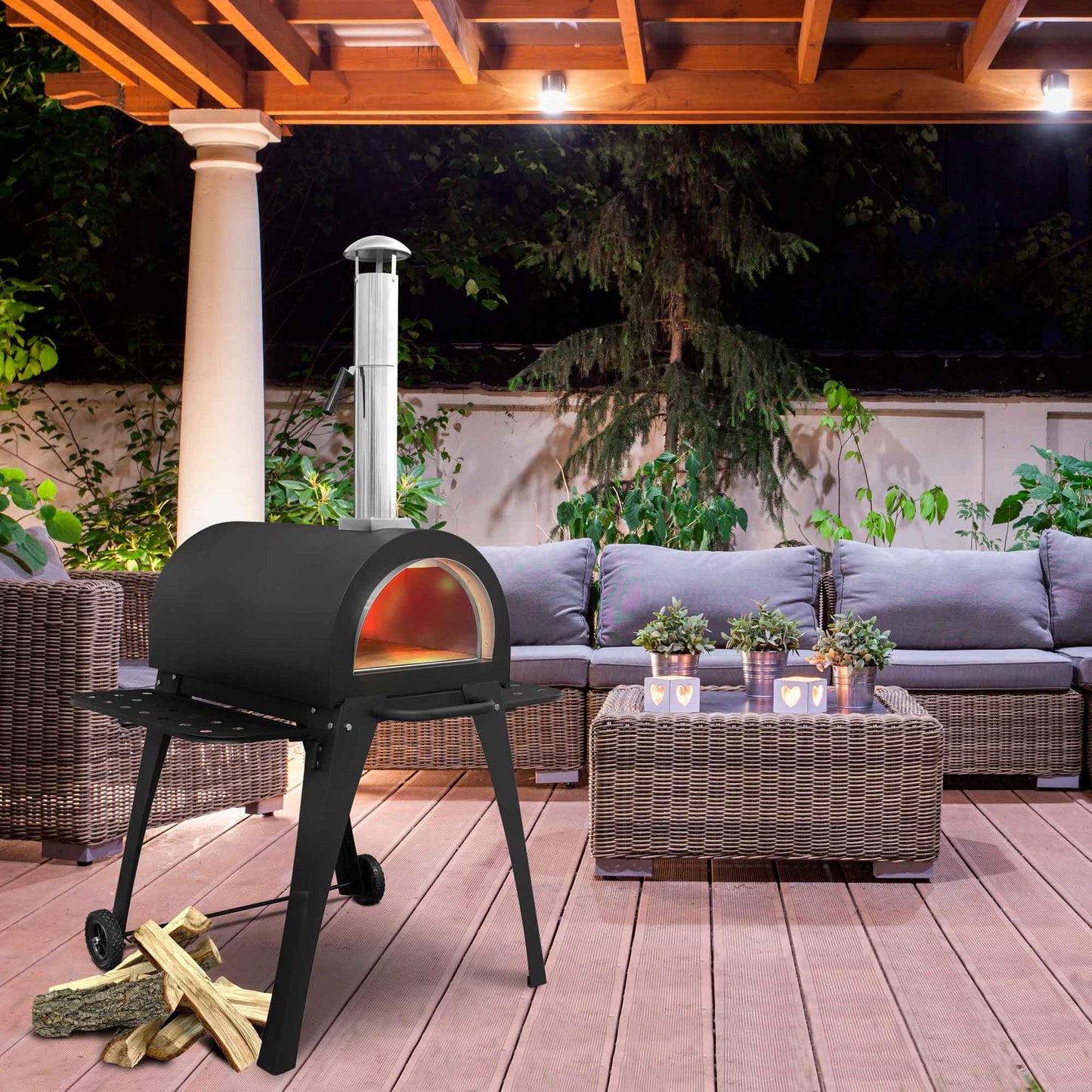 Freestanding Outdoor Wood-Fired Pizza Oven & Smoker with Side Shelves & Stand - DG103