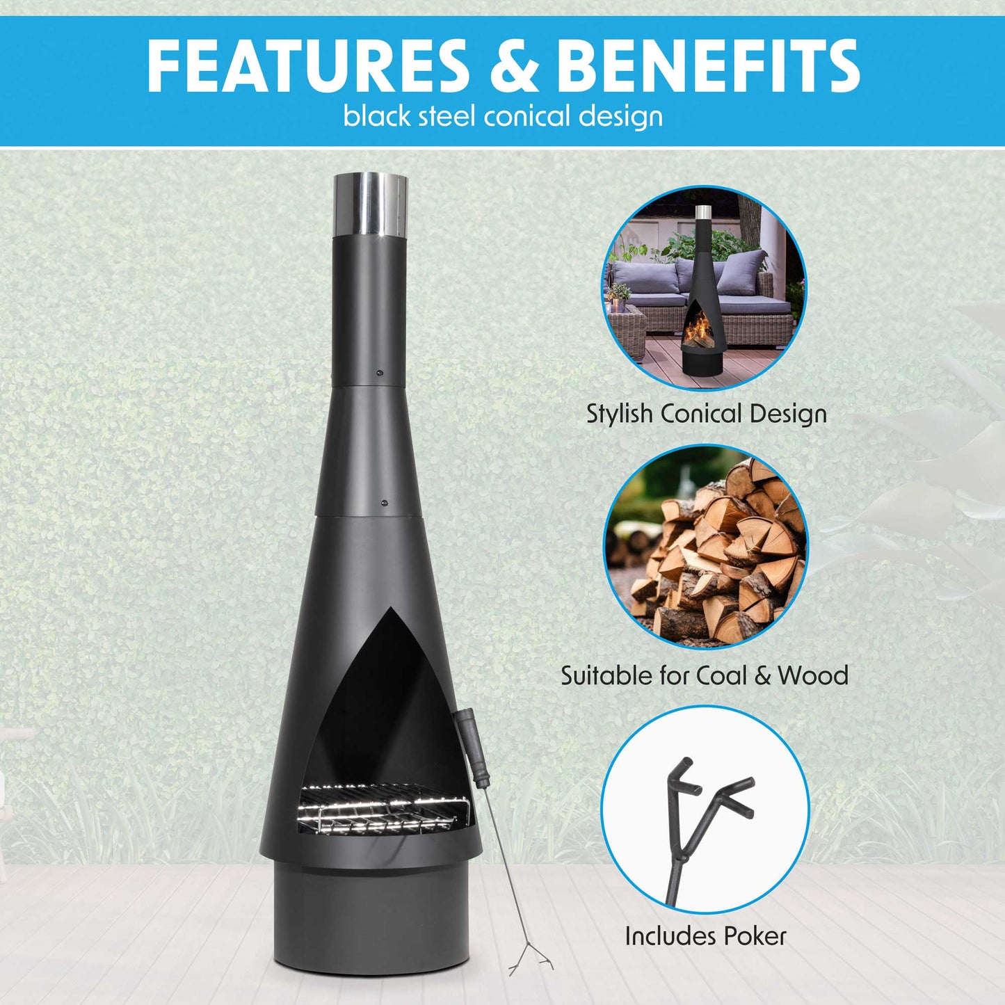 Outdoor Chiminea, Fireplace, Fire Pit - Black Steel - DG109