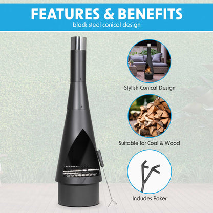 Outdoor Chiminea, Fireplace, Fire Pit - Black Steel - DG109