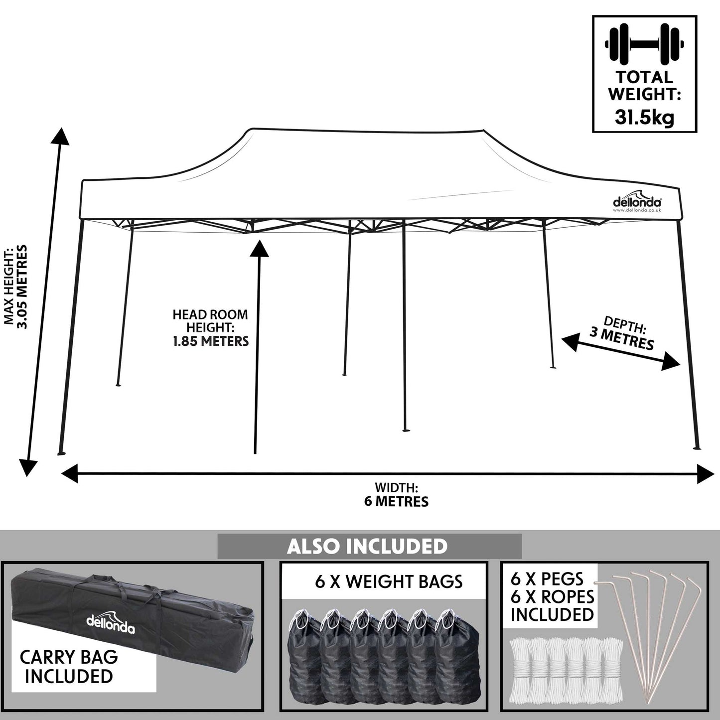 Premium 3x6m Pop-Up Gazebo, Water Resistant, Carry Bag, Stakes & Weight Bags - Blue - DG139
