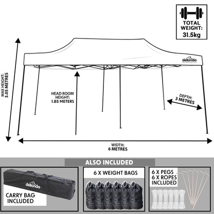Premium 3x6m Pop-Up Gazebo, Water Resistant, Carry Bag, Stakes & Weight Bags - Green - DG140