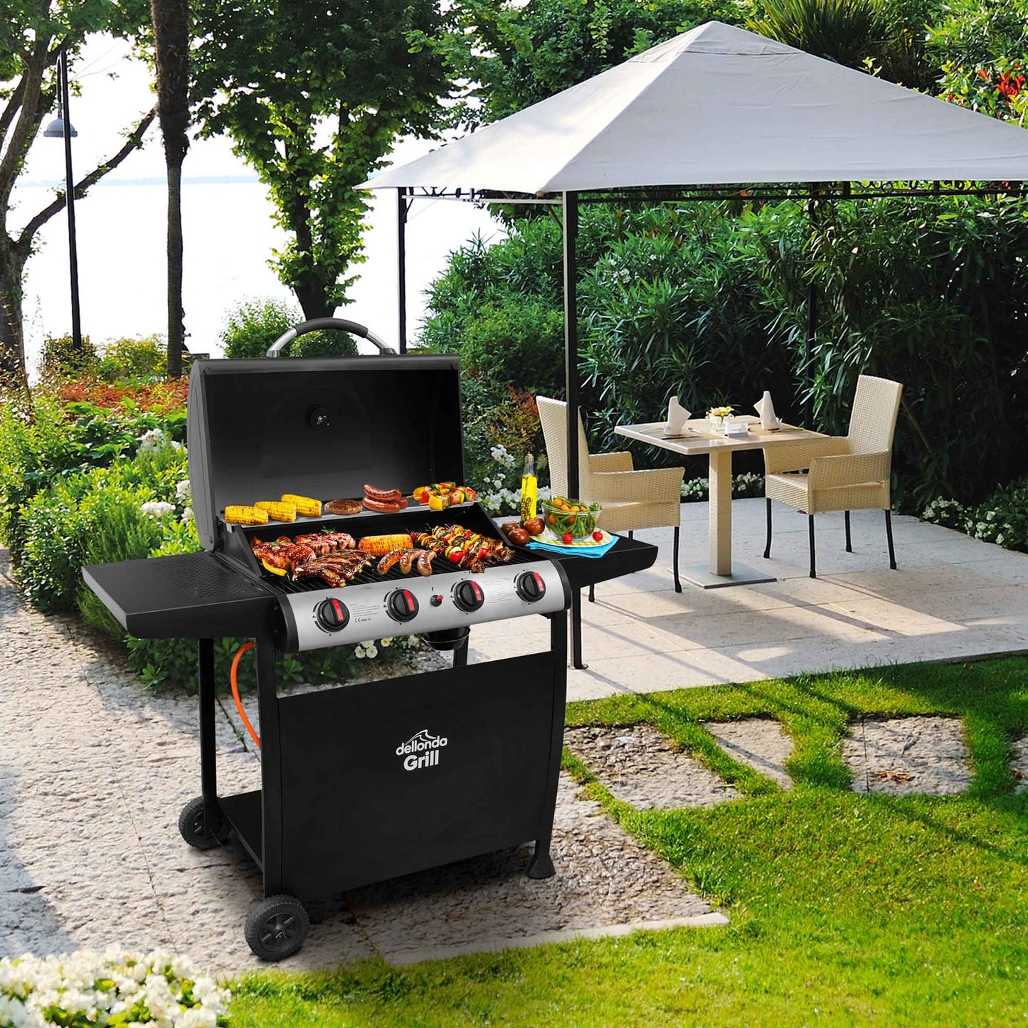 4 Burner Gas BBQ Grill with Piezo Ignition, Built-In Thermometer, Black/Stainless Steel - DG15