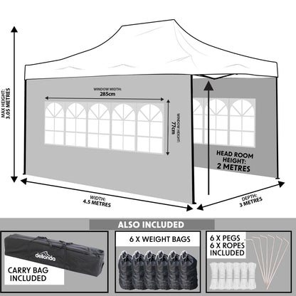 Premium 3x4.5m Pop-Up Gazebo & Side Walls, Water Resistant, Carry Bag, Stakes & Weight Bags - Green - DG170