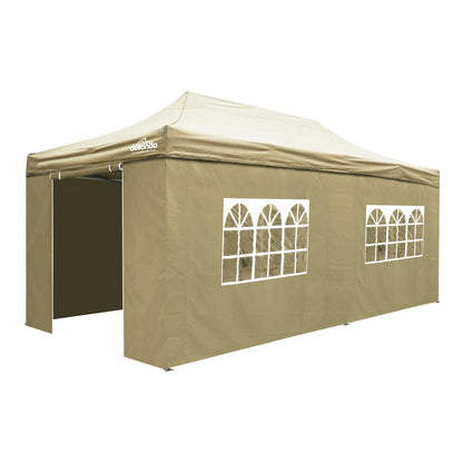 Premium 3x6m Pop-Up Gazebo & Side Walls, Water Resistant, Carry Bag, Stakes & Weight Bags - Beige - DG172