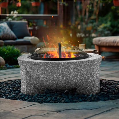 Round MgO Fire Pit with BBQ Grill, Ø75cm, Safety Mesh Screen, Light Grey - DG190