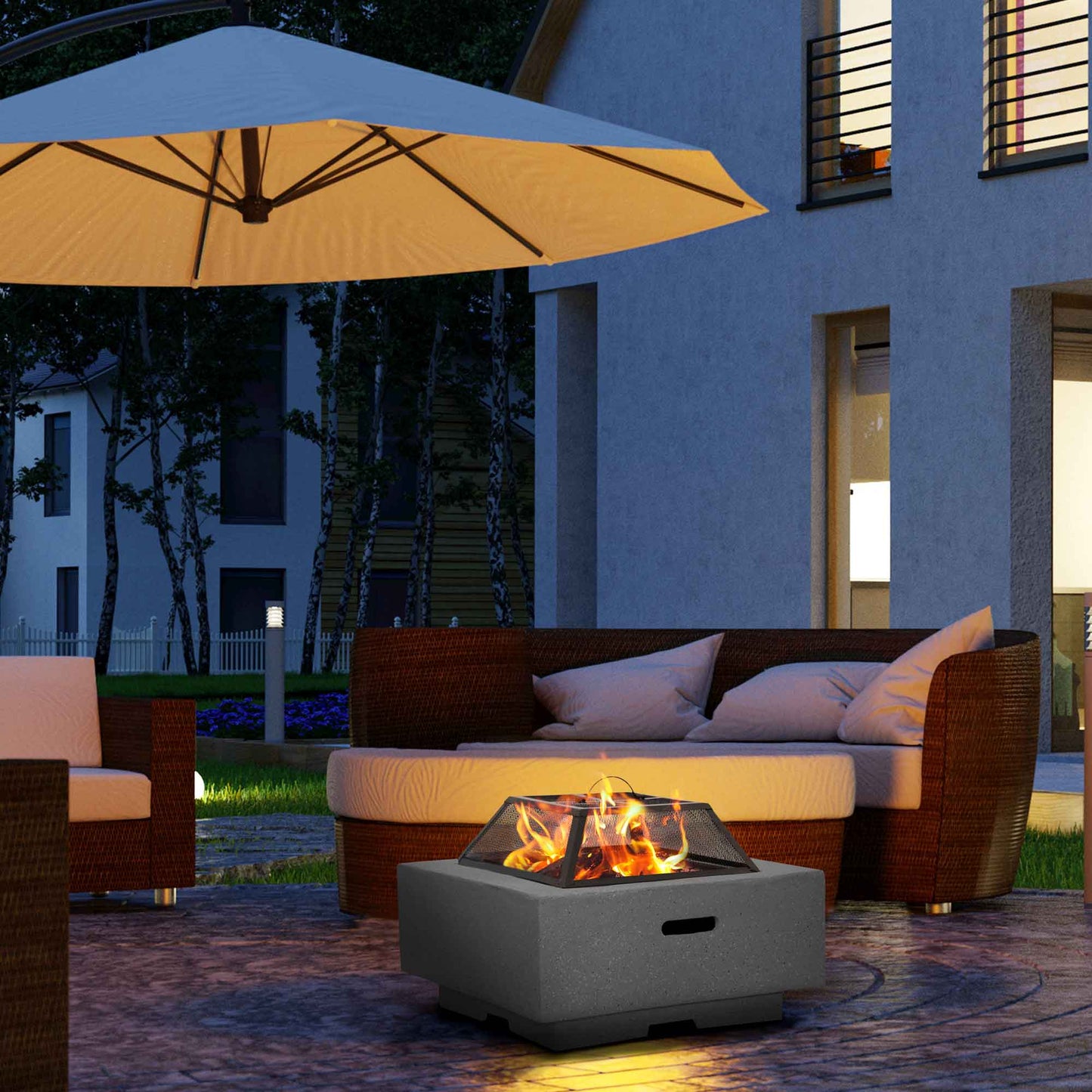 Square MgO Fire Pit with BBQ Grill, Safety Mesh Screen and Fire Poker, Dark Grey - DG193