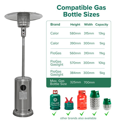 Freestanding Gas Patio Heater 13kW with wheels, Stainless Steel - DG2