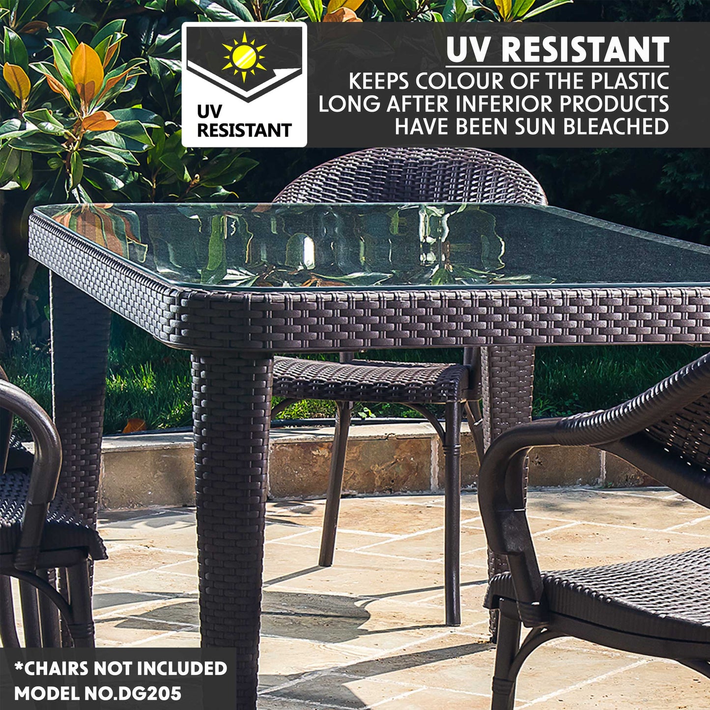Outdoor Dining Table, Weather Resistant & Glass Top, 90x150cm (W x H) - Wenge - DG206