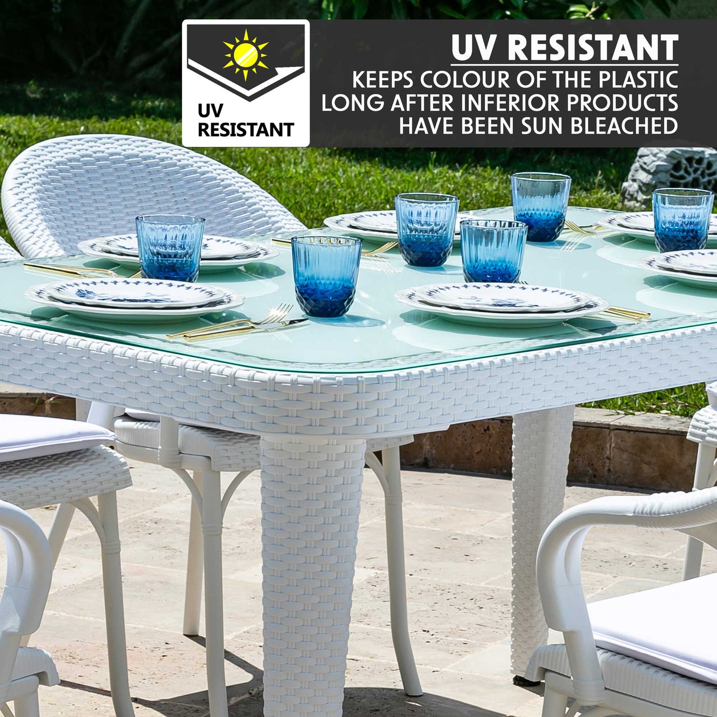 Outdoor Dining Table Weather Resistant PP/Fibreglass, 90x150cm (W x H), White - DG210