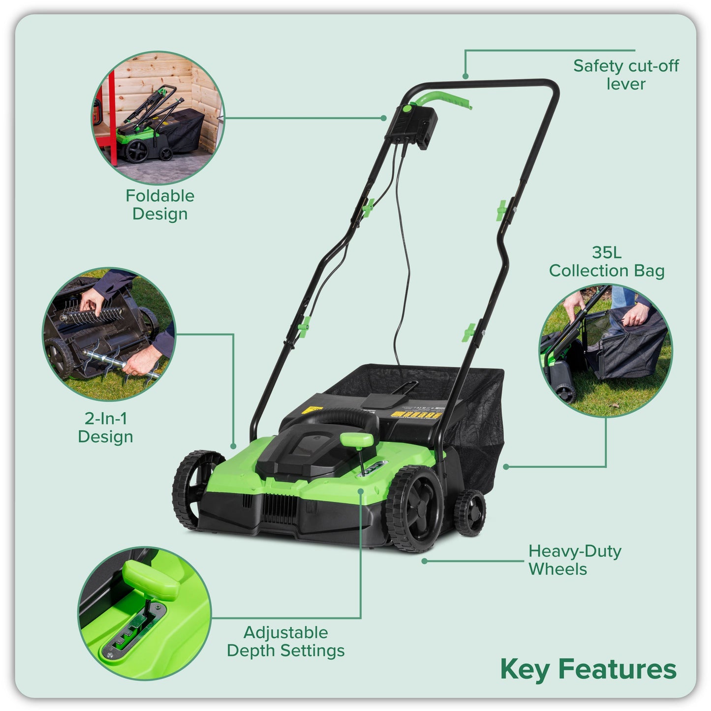 1500W Electric 2-in-1 Scarifier, 4-Heights, 36cm Cutting Width, 10m Cable - DG216