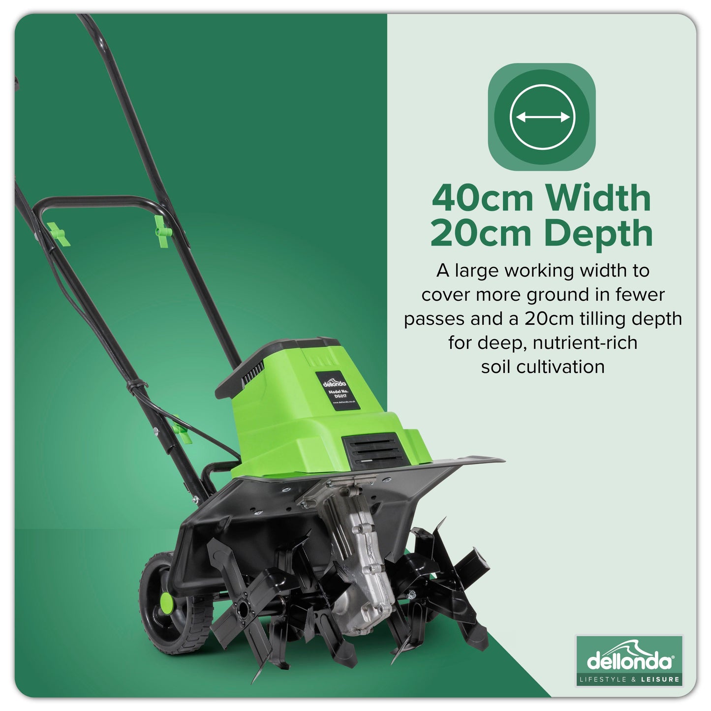 1500W Electric Tiller/Cultivator, 40cm Working Width, 6 Blades, 10m Cable - DG217