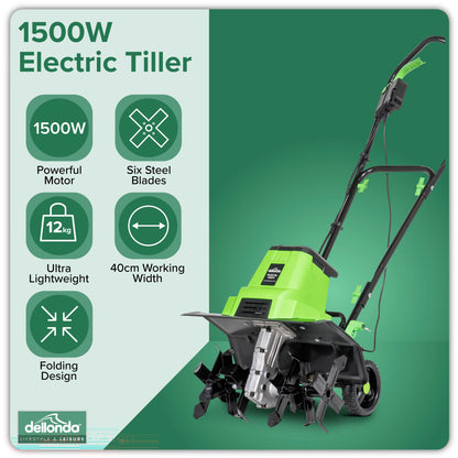 1500W Electric Tiller/Cultivator, 40cm Working Width, 6 Blades, 10m Cable - DG217
