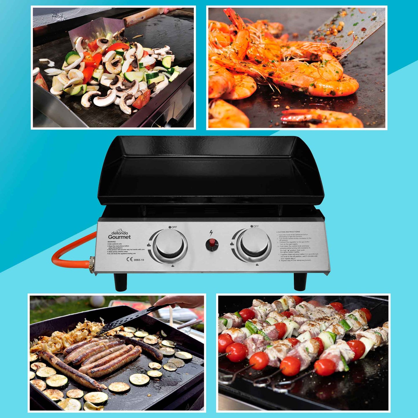 2 Burner Portable Gas Plancha 5kW BBQ Griddle with Cover, Stainless Steel - DG232