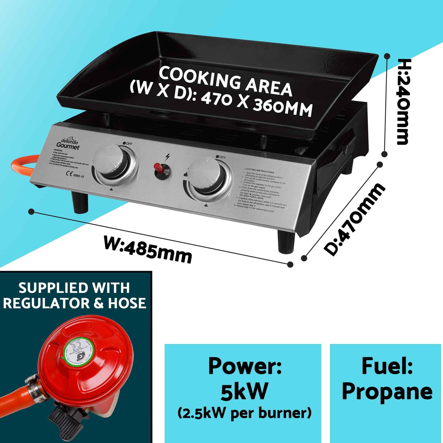 2 Burner Portable Gas Plancha 5kW BBQ Griddle with Cover, Stainless Steel - DG232