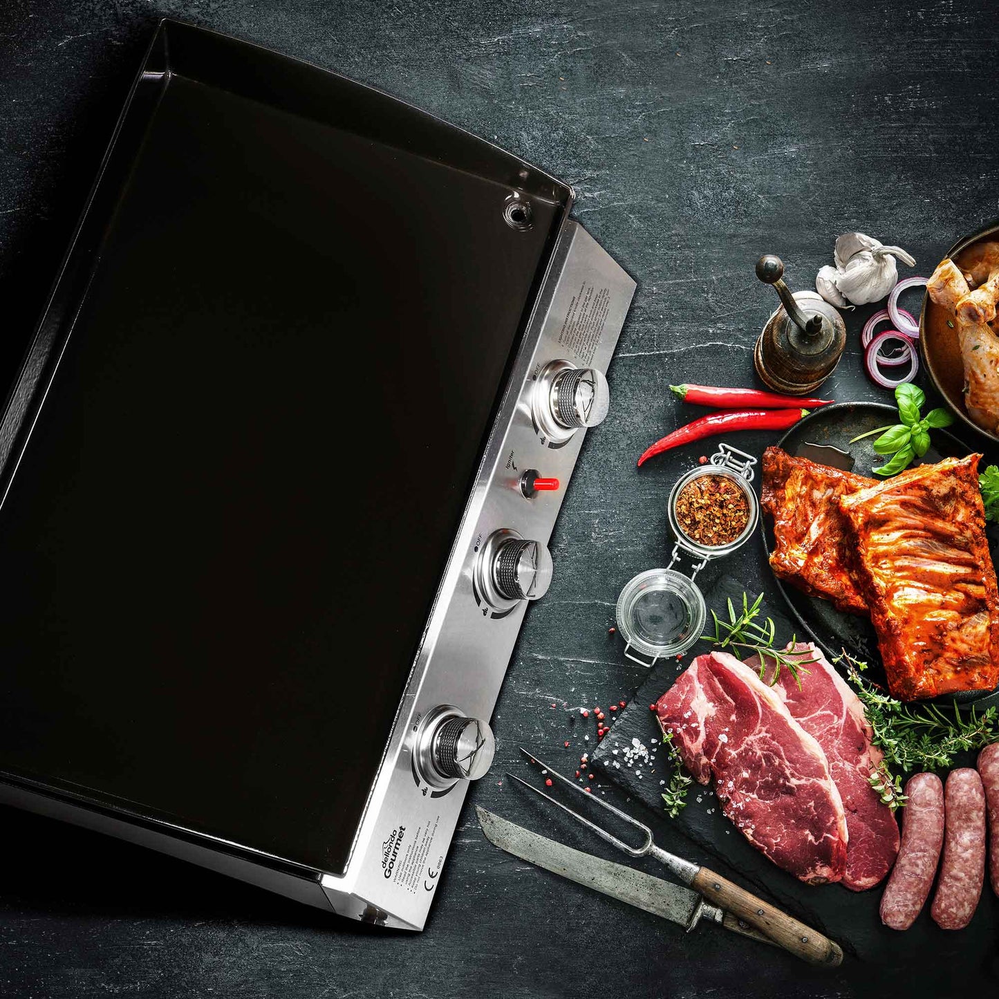 3 Burner Portable Gas Plancha 7.5kW BBQ Griddle with Cover, Stainless Steel - DG233