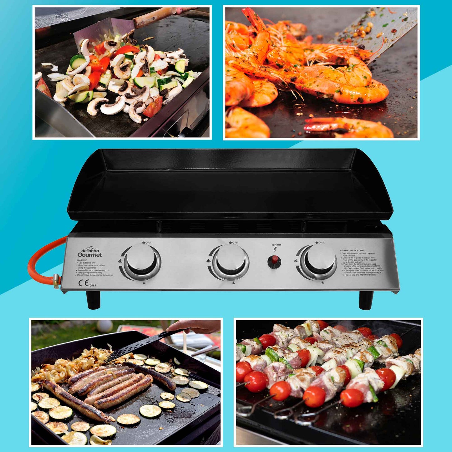 3 Burner Portable Gas Plancha 7.5kW BBQ Griddle with Cover, Stainless Steel - DG233