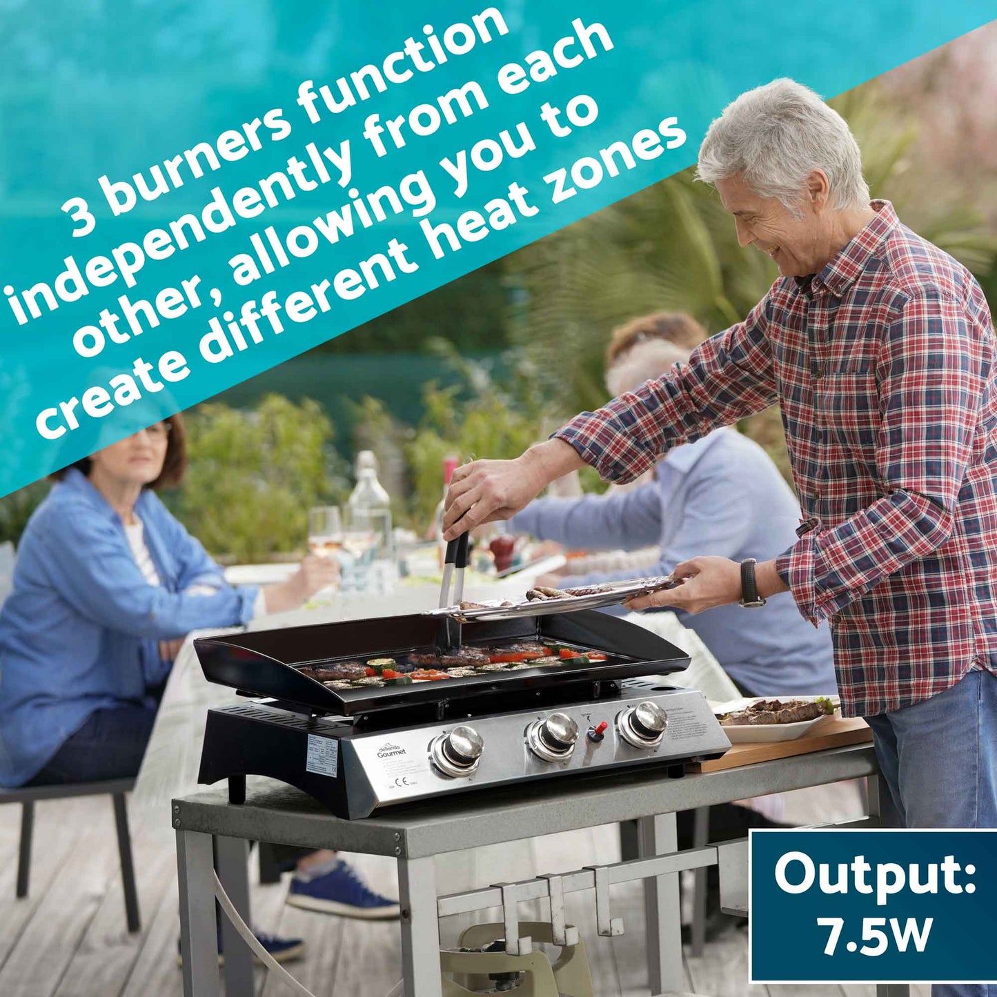 3 Burner Portable Gas Plancha 7.5kW BBQ Griddle with Cover, Stainless Steel - DG233