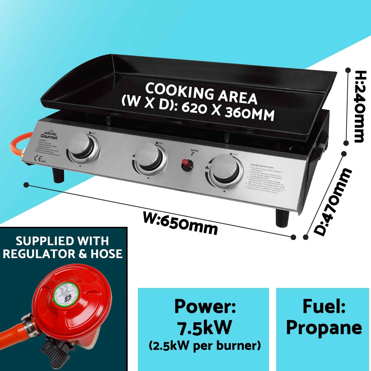 3 Burner Portable Gas Plancha 7.5kW BBQ Griddle with Cover & Trolley - DG250