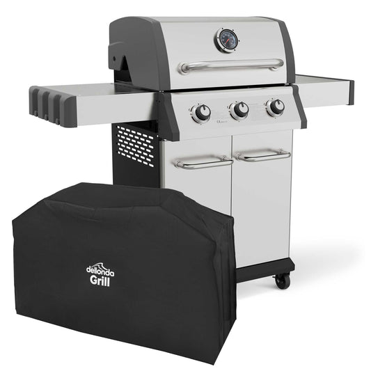 3 Burner Deluxe Gas BBQ Grill with Piezo Ignition, Water Resistant Cover, Stainless Steel - DG230