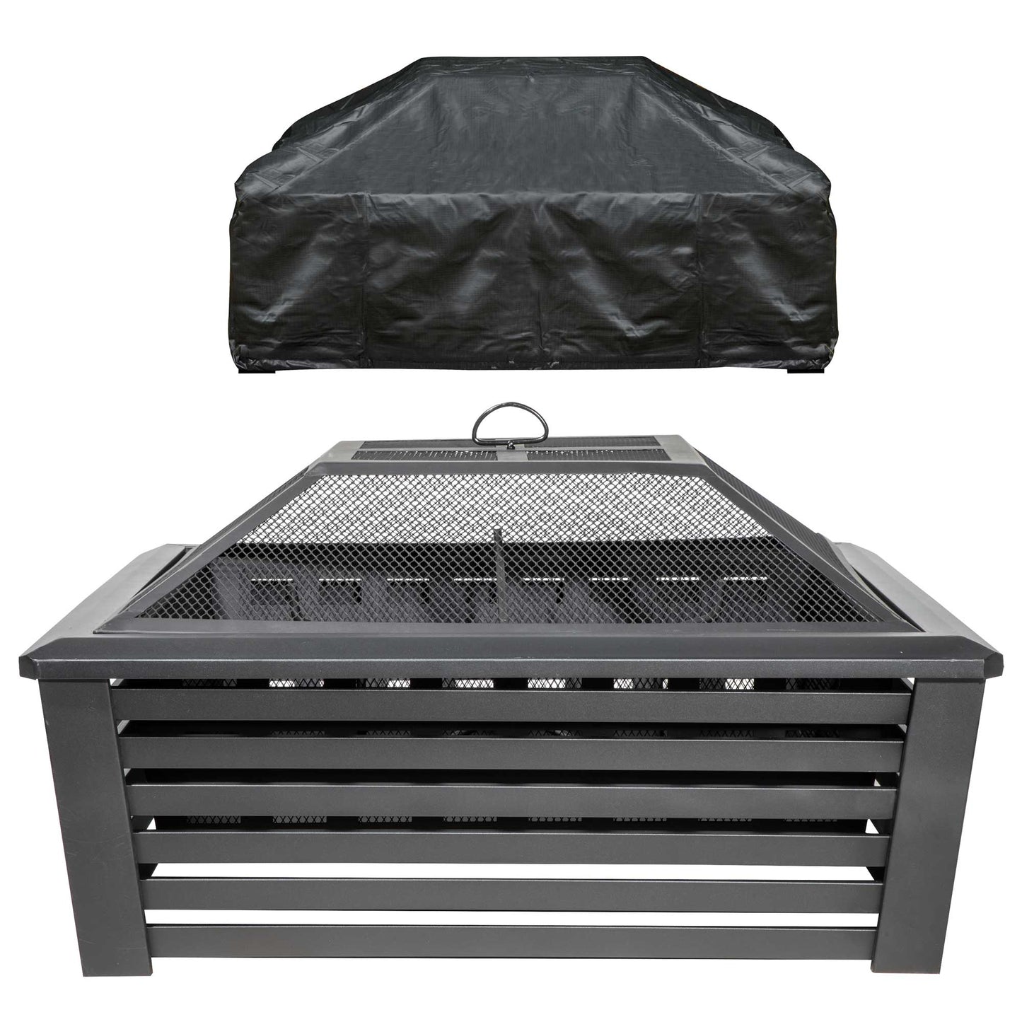 35" Square Outdoor Fire Pit, Mesh Screen Lid, Black with Water Resistant Drawstring Cover - DG238