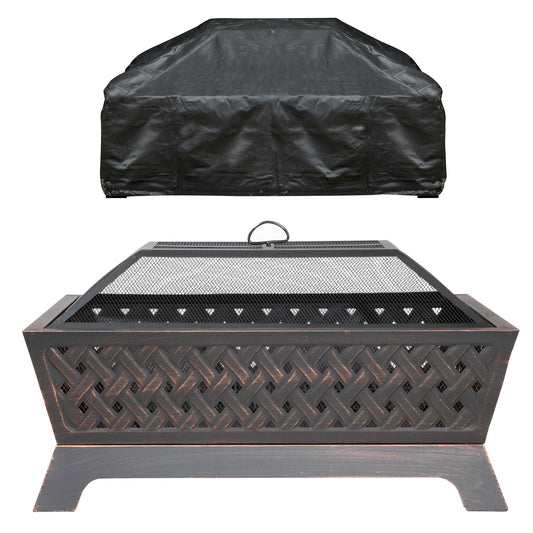 35" Rectangular Outdoor Fire Pit, Antique Bronze Effect & Water Resistant Drawstring Cover - DG239