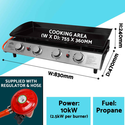 4 Burner Portable Gas Plancha 10kW BBQ Griddle with Cover & Trolley - DG251