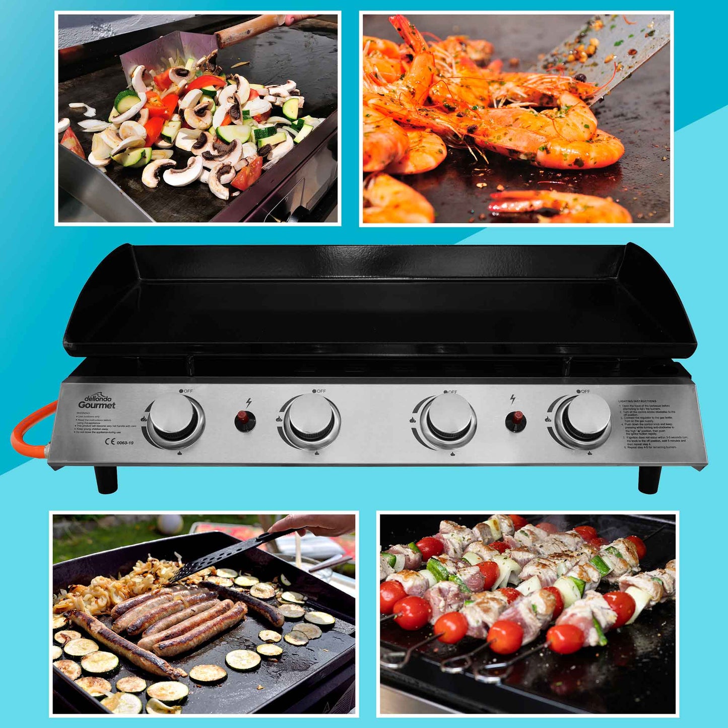 4 Burner Portable Gas Plancha 10kW BBQ Griddle with Cover & Trolley - DG251