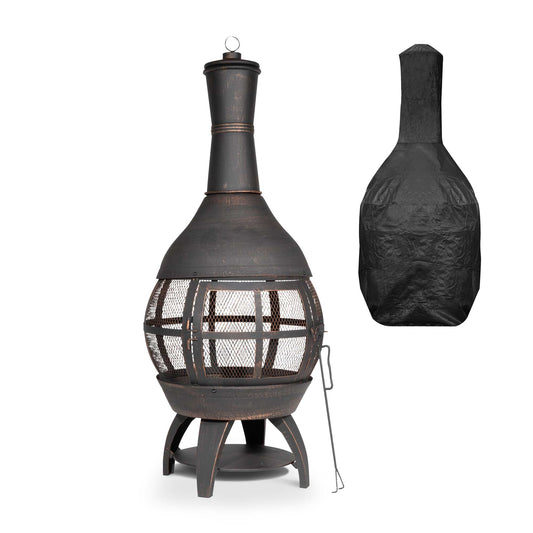 Deluxe 360° Chiminea/Fire Pit/Outdoor Heater inc Fire Poker & Cover - Antique Bronze Finish - DG241