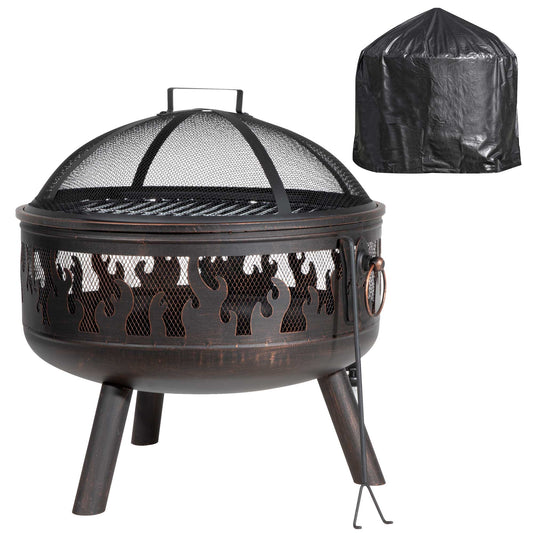 Deluxe Firepit, Fireplace, Outdoor Heater with Cooking Grill, Safety Screen, Poker & Cover - DG242