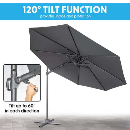 Ø3m Cantilever Parasol/Umbrella, Cover and Base Bundle, 8 Rib, Crank Handle, 360° Rotation, 60° Tilt, Grey Canopy - DG272