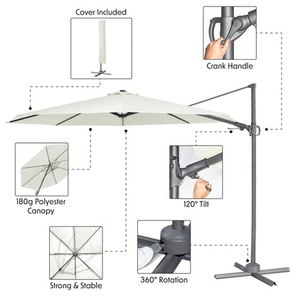 Ø3m Cantilever Parasol/Umbrella, Cover and Base Bundle, 8 Rib, Crank Handle, 360° Rotation, 60° Tilt, Cream Canopy - DG273