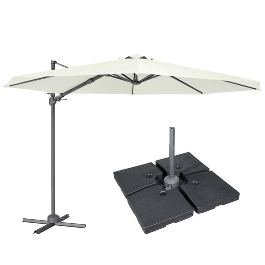 Ø3m Cantilever Parasol/Umbrella, Cover and Base Bundle, 8 Rib, Crank Handle, 360° Rotation, 60° Tilt, Cream Canopy - DG273