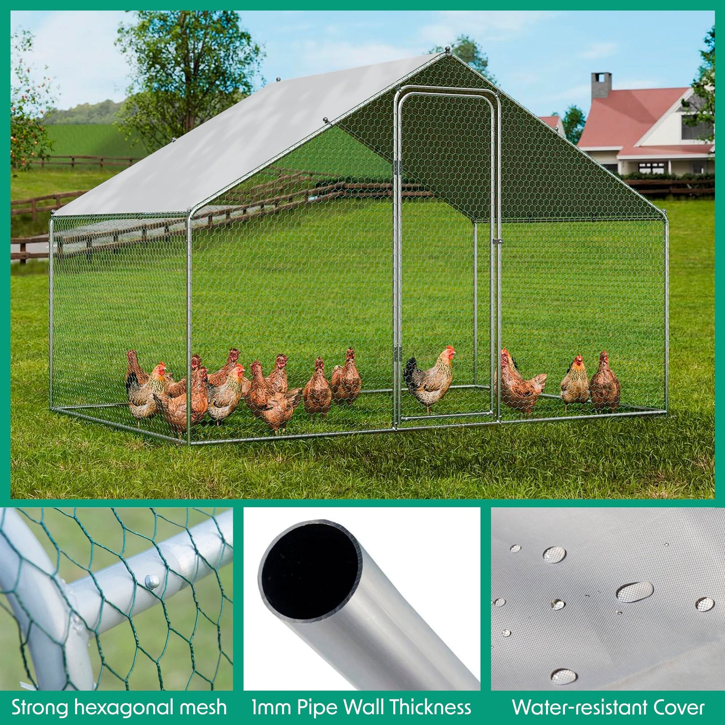 3x2x2m Walk-In Galvanised Steel Chicken Run with Roof Cover & PVC Coated Chicken Wire - DG278