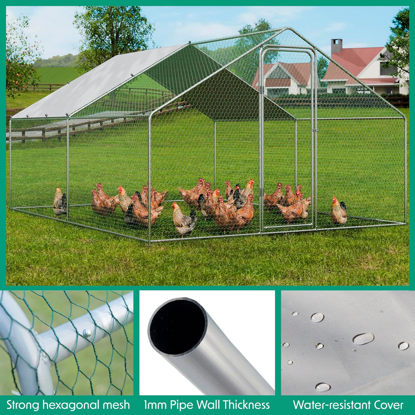 3x4m Walk-In Galvanized Steel Chicken Run with Solar Roof Cover & PVC Coated Chicken Wire, For Chickens, Ducks, Fowl and  Poultry - DG279