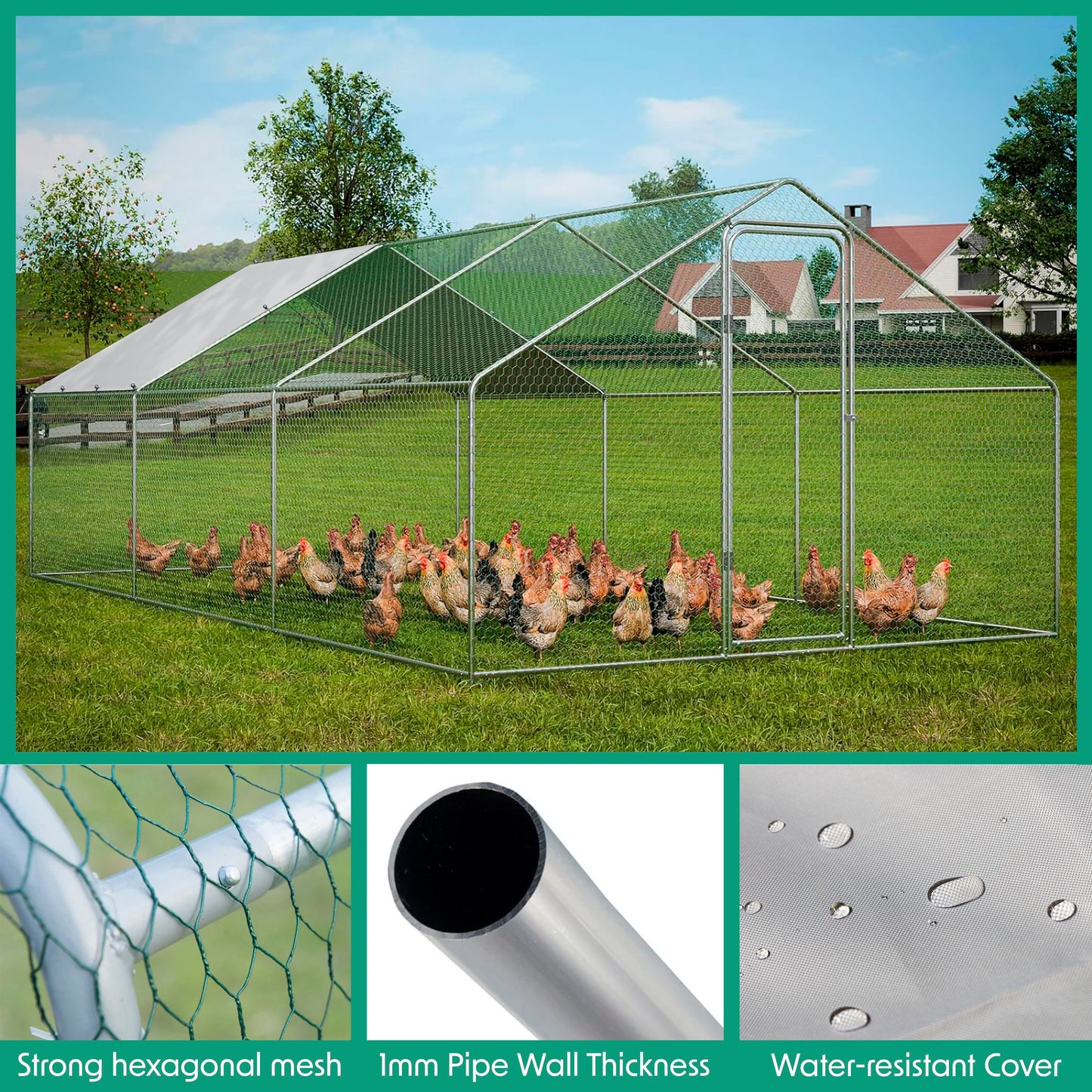 3x6x2m Walk-In Galvanised Steel Chicken Run with Roof Cover & PVC Coated Chicken Wire - DG280