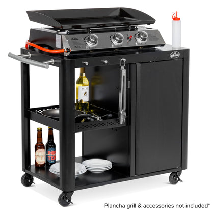 BBQ/Plancha Trolley with Cupboard, Extension Table & Utensil Hooks - Black - DG282