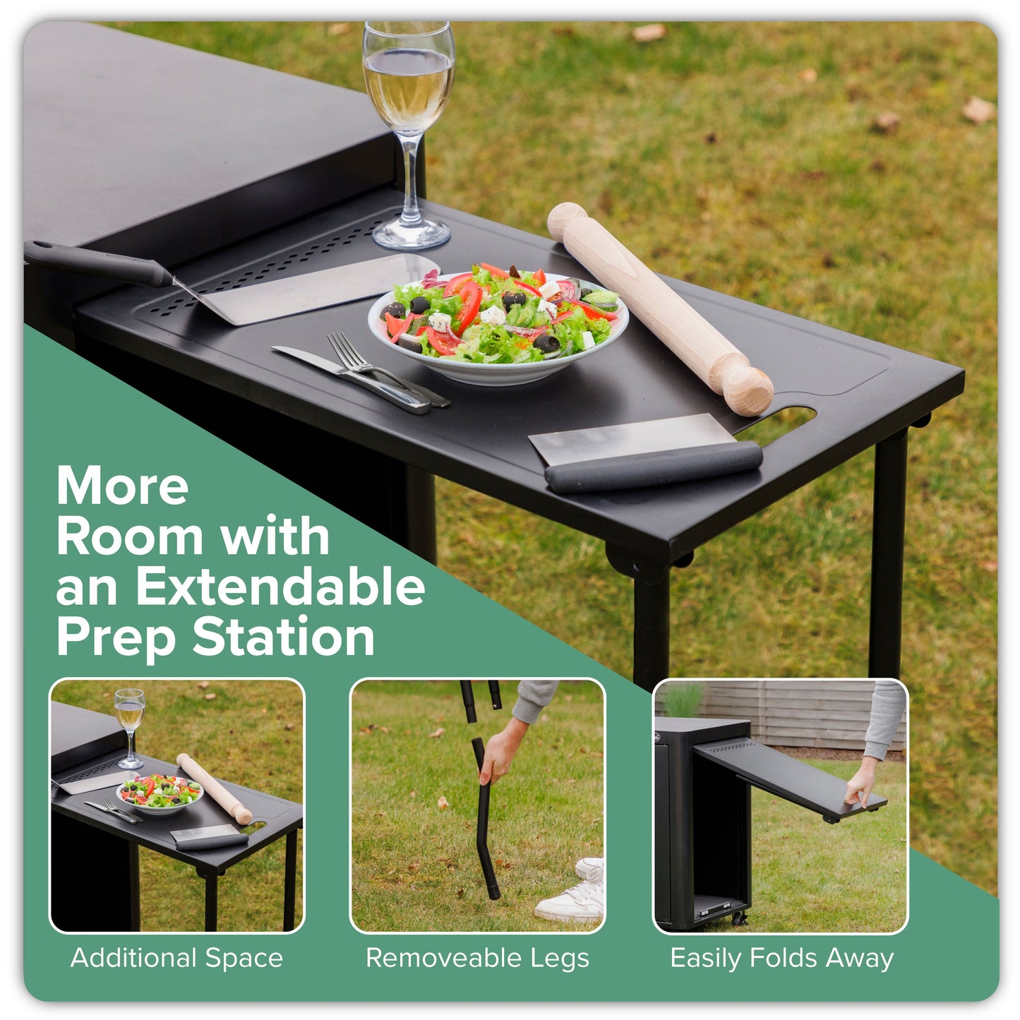 BBQ/Plancha Trolley with Cupboard, Extension Table & Utensil Hooks - Black - DG282